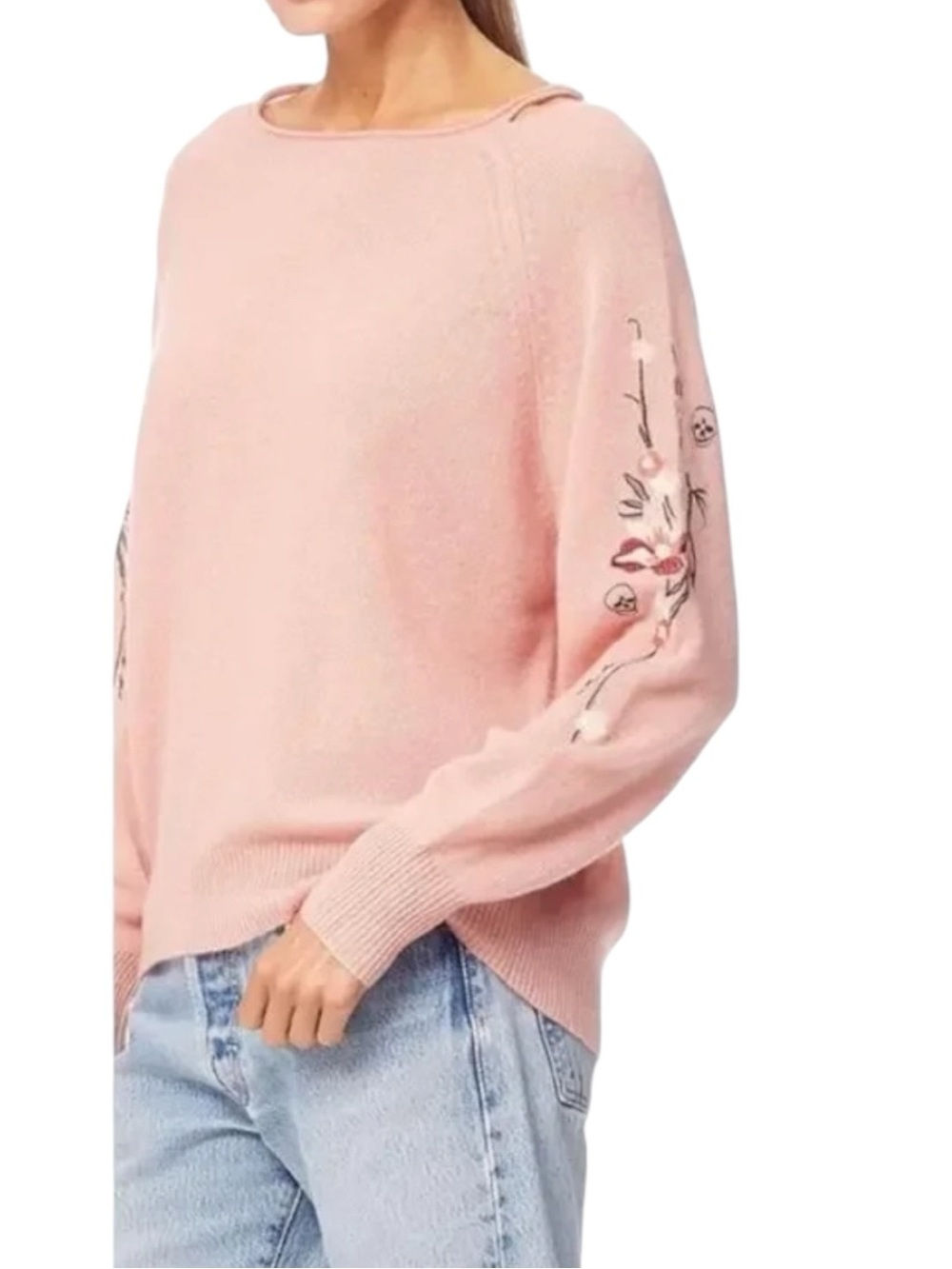 Skull Cashmere Dusty Pink Floral Skull Embroidery Neck Cutout Cashmere Sweater M